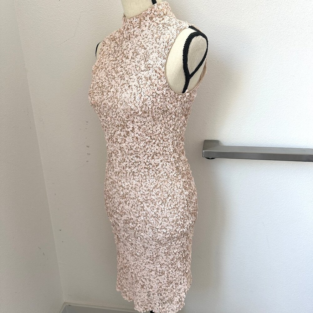 Parker Black Women Pink Cream Silver All Over Sequin Bead Sleeveless Full Dress